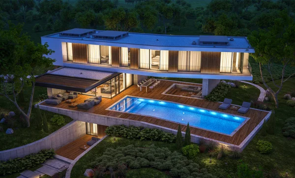 3D-Rendering des modernen Hauses auf dem Hügel mit Pool in der Nacht — Stockfoto