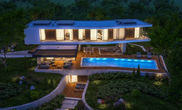 Rendering 3d di casa moderna sulla collina con piscina di notte — Foto Stock