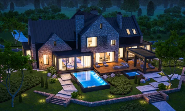 3d rendering rumah klinker modern di kolam dengan kolam renang di n — Stok Foto