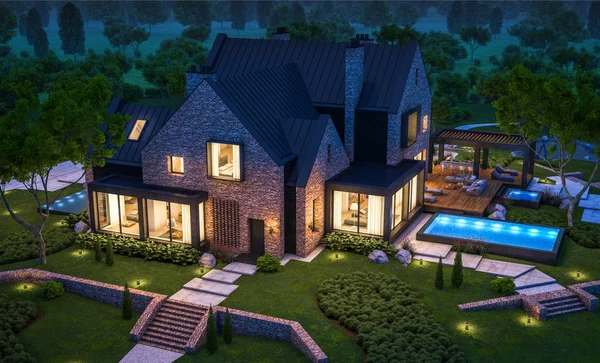 3D-rendering van moderne klinker huis op de vijvers met zwembad in n — Stockfoto
