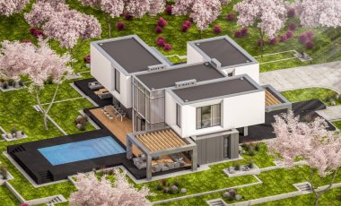 modern bahar bahçe evde 3D render