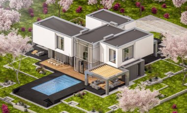 modern bahar bahçe evde 3D render