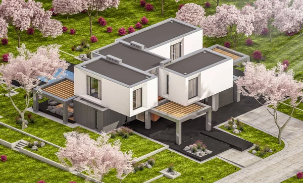 3d representación de la casa moderna en el jardín de primavera — Foto de Stock