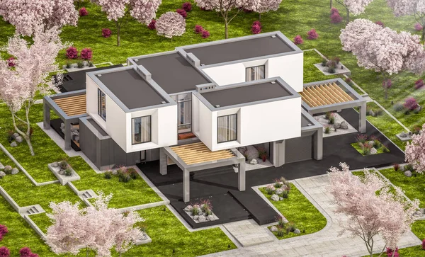 3d rendering of modern house in the spring garden — Stock Photo, Image