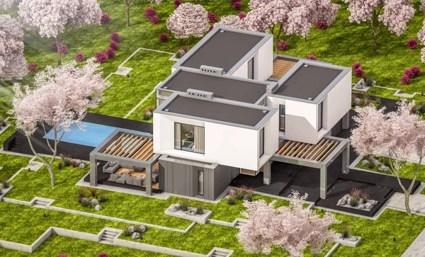 3d representación de la casa moderna en el jardín de primavera — Foto de Stock