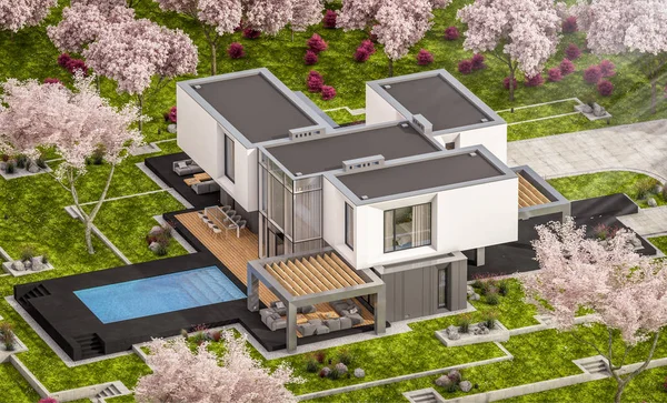 3D-Rendering des modernen Hauses im Frühlingsgarten — Stockfoto