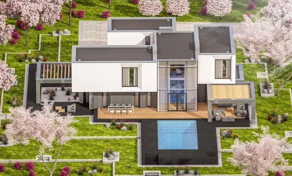 3D-Rendering des modernen Hauses im Frühlingsgarten — Stockfoto