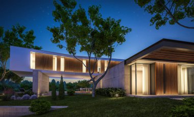 modern ev havuzlu tepede 3D render gecede