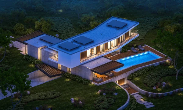 3D-rendering van moderne huis op de heuvel met zwembad in de nacht — Stockfoto