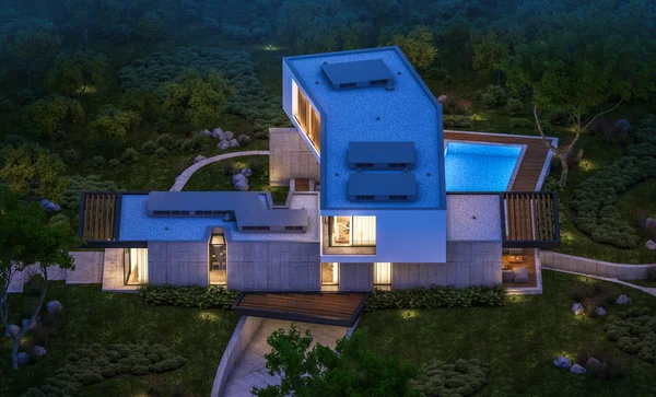 3d representación de casa moderna en la colina con piscina en la noche —  Fotos de Stock