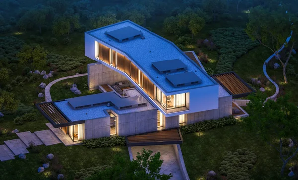 3D-Rendering des modernen Hauses auf dem Hügel mit Pool in der Nacht — Stockfoto