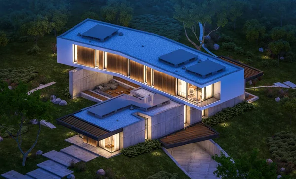 3D-Rendering des modernen Hauses auf dem Hügel mit Pool in der Nacht — Stockfoto