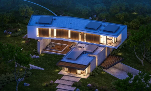 3D-Rendering des modernen Hauses auf dem Hügel mit Pool in der Nacht — Stockfoto