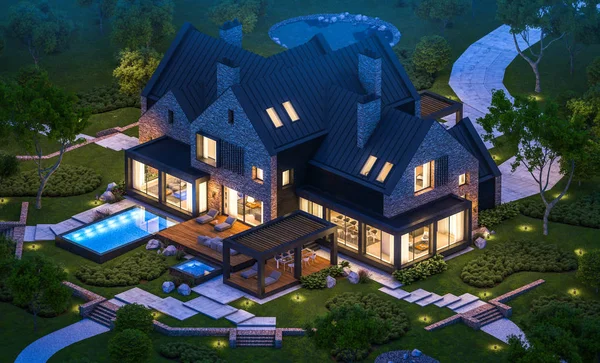 3D-rendering av modern klinker hus på dammarna med pool i n — Stockfoto