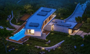 modern ev havuzlu tepede 3D render gecede