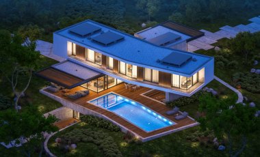 modern ev havuzlu tepede 3D render gecede