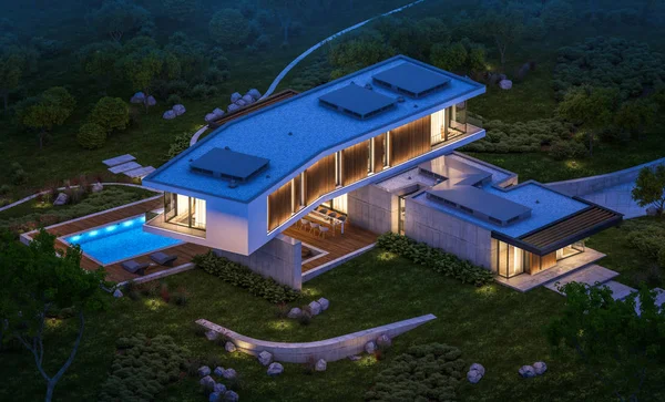 3D-rendering van moderne huis op de heuvel met zwembad in de nacht — Stockfoto
