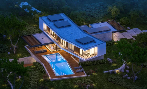 3D-Rendering des modernen Hauses auf dem Hügel mit Pool in der Nacht — Stockfoto