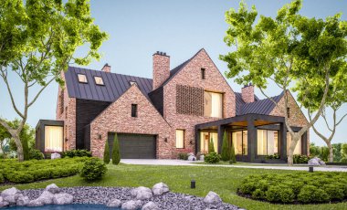 e havuzlu göletlerde modern klinker evin 3d render