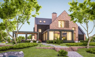 e havuzlu göletlerde modern klinker evin 3d render