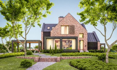 e havuzlu göletlerde modern klinker evin 3d render