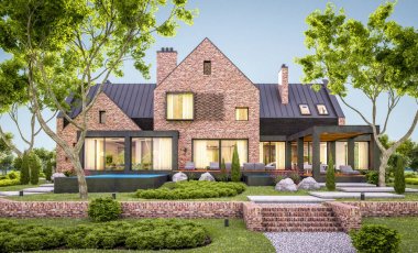 e havuzlu göletlerde modern klinker evin 3d render