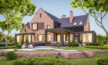 e havuzlu göletlerde modern klinker evin 3d render