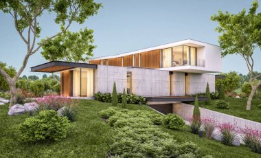 Akşam havuz ile tepede modern evin 3d render