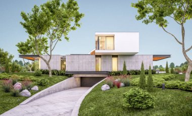 Akşam havuz ile tepede modern evin 3d render