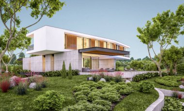 Akşam havuz ile tepede modern evin 3d render