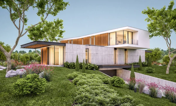 Akşam havuz ile tepede modern evin 3d render