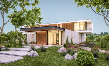 Akşam havuz ile tepede modern evin 3d render