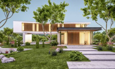 Akşam havuz ile tepede modern evin 3d render