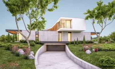 Akşam havuz ile tepede modern evin 3d render