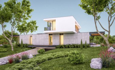 Akşam havuz ile tepede modern evin 3d render