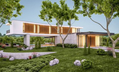 Akşam havuz ile tepede modern evin 3d render