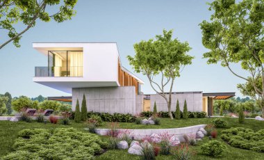 Akşam havuz ile tepede modern evin 3d render