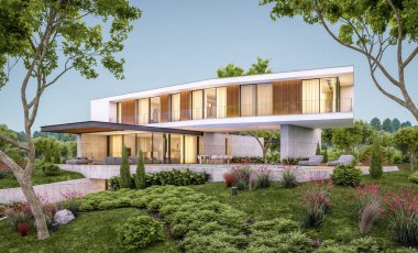 Akşam havuz ile tepede modern evin 3d render