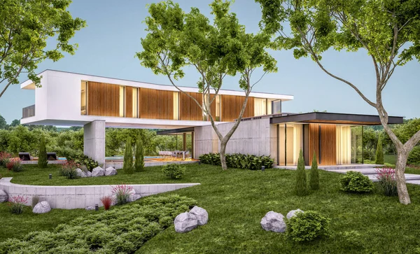 Redare 3D a casei moderne pe deal cu piscină seara — Fotografie, imagine de stoc