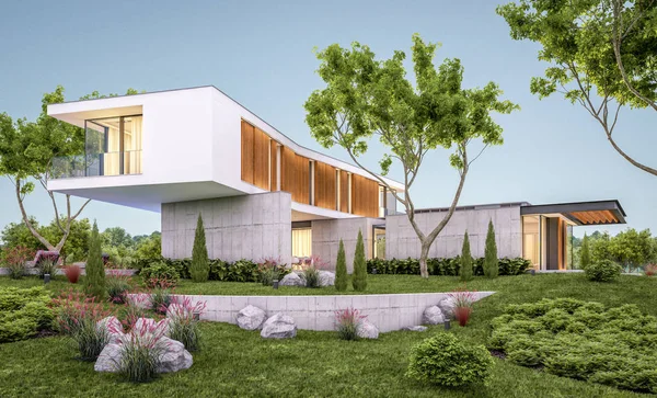 Redare 3D a casei moderne pe deal cu piscină seara — Fotografie, imagine de stoc