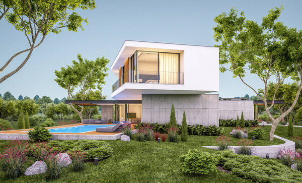 3D рендеринг современного дома на холме с бассейном в вечернее время
