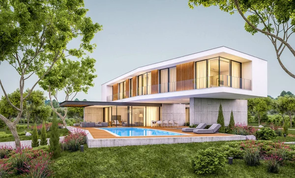 3D-rendering van modern huis op de heuvel met zwembad in de avond — Stockfoto