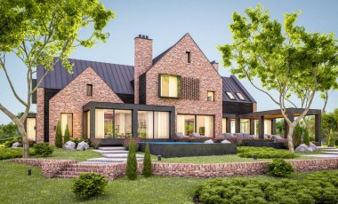 e havuzlu göletlerde modern klinker evin 3d render