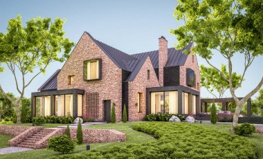 e havuzlu göletlerde modern klinker evin 3d render