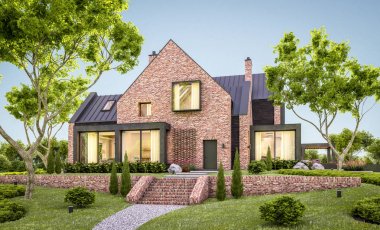 e havuzlu göletlerde modern klinker evin 3d render