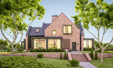 e havuzlu göletlerde modern klinker evin 3d render