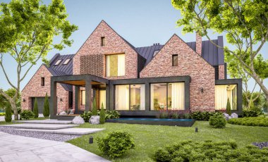 e havuzlu göletlerde modern klinker evin 3d render