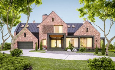 e havuzlu göletlerde modern klinker evin 3d render