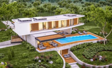 Akşam havuz ile tepede modern evin 3d render