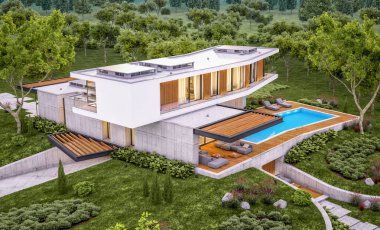 Akşam havuz ile tepede modern evin 3d render
